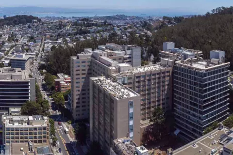Arial view of Parnassus campus facing east