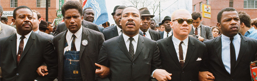 Ralph Abernathy, James Forman, Martin Luther King Jr., Jesse Douglas, and John Lewis marching in Selma, AL, 1965